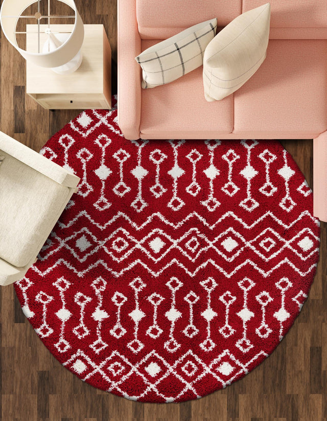 Burgundy Red 6' 1 x 6' 1 Moroccan Trellis Shag Round Area Rug Thick Soft Touch Fluffy & Plush Shaggy Pile 100% Polypropylene Geometric Traditional Carpet for Sale at Rug Engine