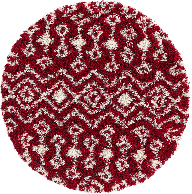 Burgundy Red 3' 1 x 3' 1 Moroccan Trellis Shag Round Area Rug Thick Soft Touch Fluffy & Plush Shaggy Pile 100% Polypropylene Geometric Traditional Carpet for Sale at Rug Engine