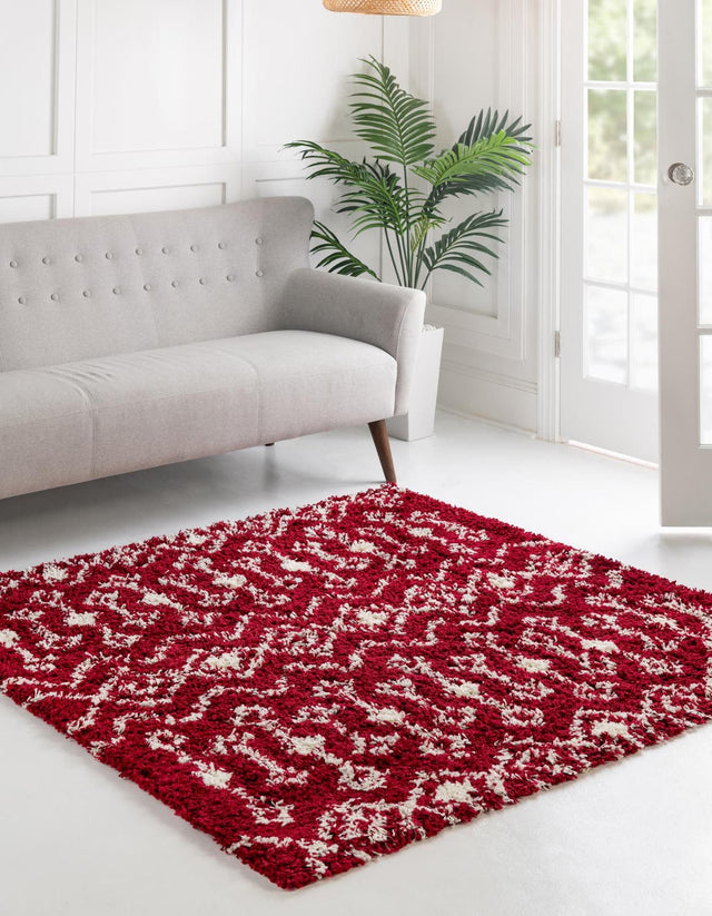 Burgundy Red 7' 10 x 7' 10 Moroccan Trellis Shag Square Area Rug Thick Soft Touch Fluffy & Plush Shaggy Pile 100% Polypropylene Geometric Traditional Carpet for Sale at Rug Engine