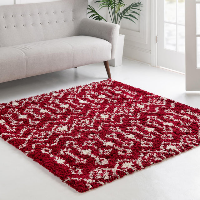 Burgundy Red 4' 1 x 4' 1 Moroccan Trellis Shag Square Area Rug Thick Soft Touch Fluffy & Plush Shaggy Pile 100% Polypropylene Geometric Traditional Carpet for Sale at Rug Engine