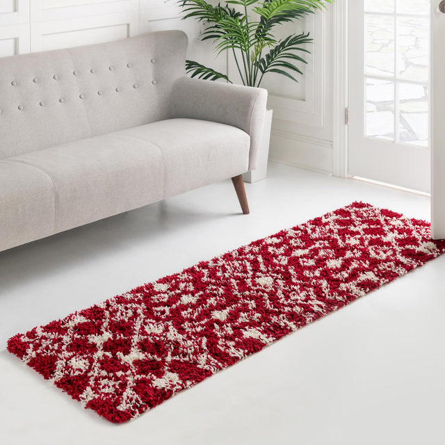 Burgundy Red 3' 3 x 16' 5 Moroccan Trellis Shag Runner Area Rug Thick Soft Touch Fluffy & Plush Shaggy Pile 100% Polypropylene Geometric Traditional Carpet for Sale at Rug Engine