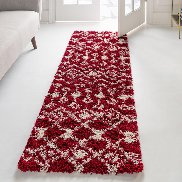 Burgundy Red 3' 3 x 16' 5 Moroccan Trellis Shag Runner Area Rug Thick Soft Touch Fluffy & Plush Shaggy Pile 100% Polypropylene Geometric Traditional Carpet for Sale at Rug Engine