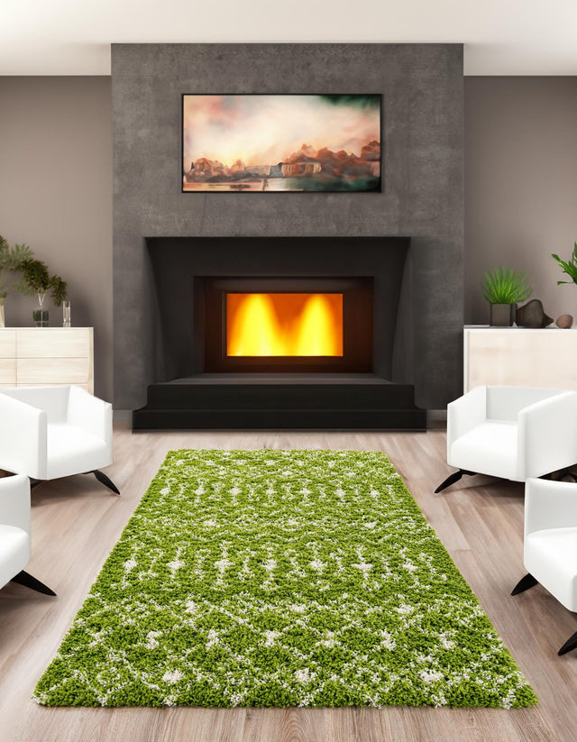 Green 9' x 12' Moroccan Trellis Shag Rectangle Area Rug Thick Soft Touch Fluffy & Plush Shaggy Pile 100% Polypropylene Geometric Traditional Carpet for Sale at Rug Engine
