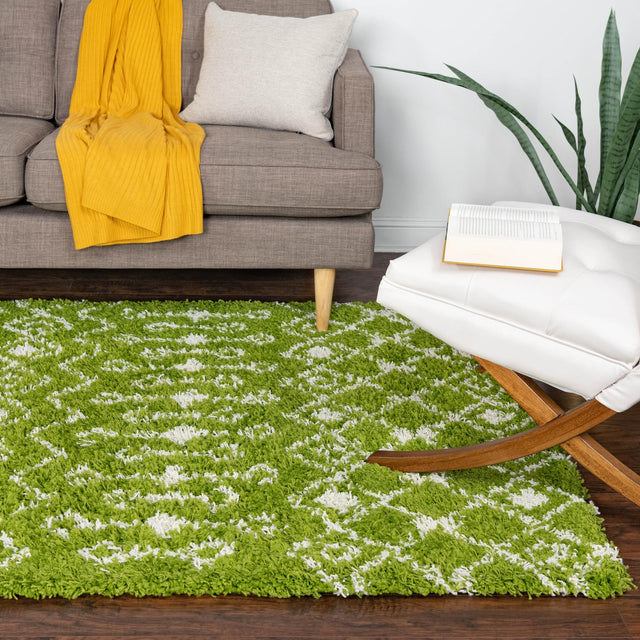 Green 10' x 13' 1 Moroccan Trellis Shag Rectangle Area Rug Thick Soft Touch Fluffy & Plush Shaggy Pile 100% Polypropylene Geometric Traditional Carpet for Sale at Rug Engine