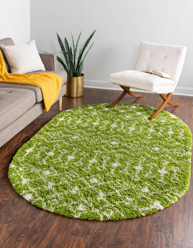 Green 4' 1 x 6' 1 Moroccan Trellis Shag Oval Area Rug Thick Soft Touch Fluffy & Plush Shaggy Pile 100% Polypropylene Geometric Traditional Carpet for Sale at Rug Engine