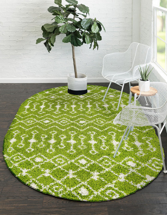 Green 4' 1 x 6' 1 Moroccan Trellis Shag Oval Area Rug Thick Soft Touch Fluffy & Plush Shaggy Pile 100% Polypropylene Geometric Traditional Carpet for Sale at Rug Engine
