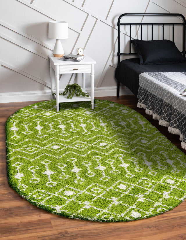 Green 4' 1 x 6' 1 Moroccan Trellis Shag Oval Area Rug Thick Soft Touch Fluffy & Plush Shaggy Pile 100% Polypropylene Geometric Traditional Carpet for Sale at Rug Engine
