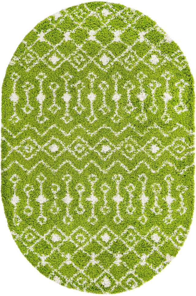 Green 5' 3 x 8' Moroccan Trellis Shag Oval Area Rug Thick Soft Touch Fluffy & Plush Shaggy Pile 100% Polypropylene Geometric Traditional Carpet for Sale at Rug Engine