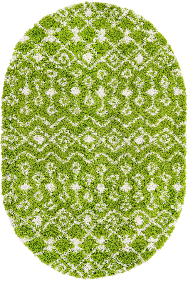 Green 4' 1 x 6' 1 Moroccan Trellis Shag Oval Area Rug Thick Soft Touch Fluffy & Plush Shaggy Pile 100% Polypropylene Geometric Traditional Carpet for Sale at Rug Engine