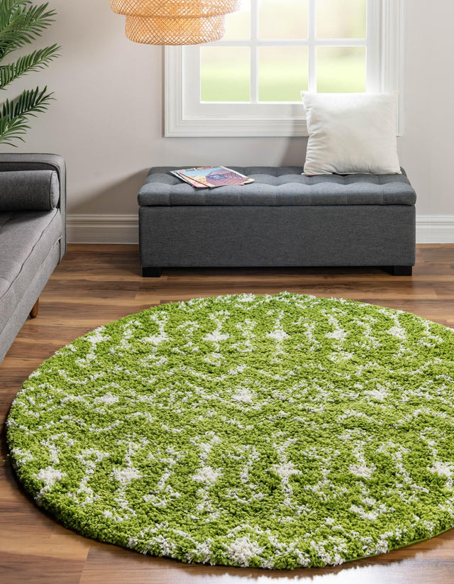 Green 6' 1 x 6' 1 Moroccan Trellis Shag Round Area Rug Thick Soft Touch Fluffy & Plush Shaggy Pile 100% Polypropylene Geometric Traditional Carpet for Sale at Rug Engine