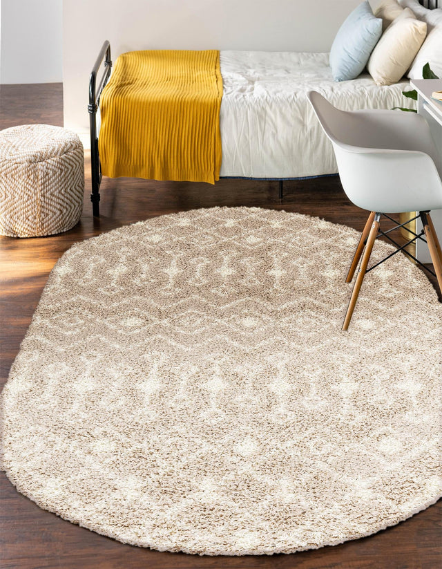 Light Brown 5' 3 x 8' Moroccan Trellis Shag Oval Area Rug Thick Soft Touch Fluffy & Plush Shaggy Pile 100% Polypropylene Geometric Traditional Carpet for Sale at Rug Engine