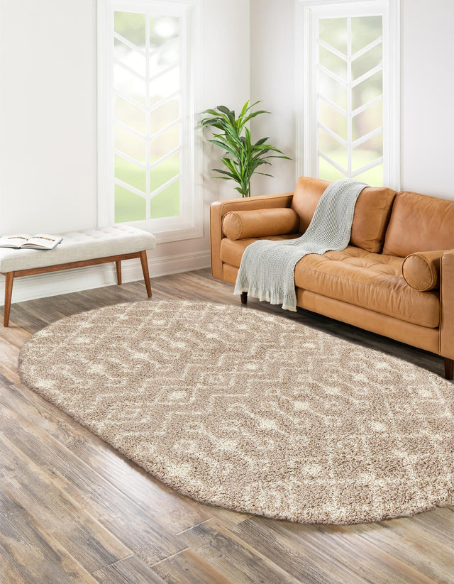 Light Brown 7' 10 x 10' Moroccan Trellis Shag Oval Area Rug Thick Soft Touch Fluffy & Plush Shaggy Pile 100% Polypropylene Geometric Traditional Carpet for Sale at Rug Engine