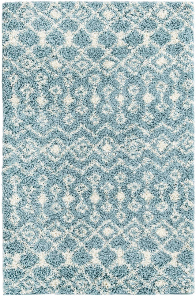 Light Blue 4' 1 x 6' 1 Moroccan Trellis Shag Rectangle Area Rug Thick Soft Touch Fluffy & Plush Shaggy Pile 100% Polypropylene Geometric Traditional Carpet for Sale at Rug Engine