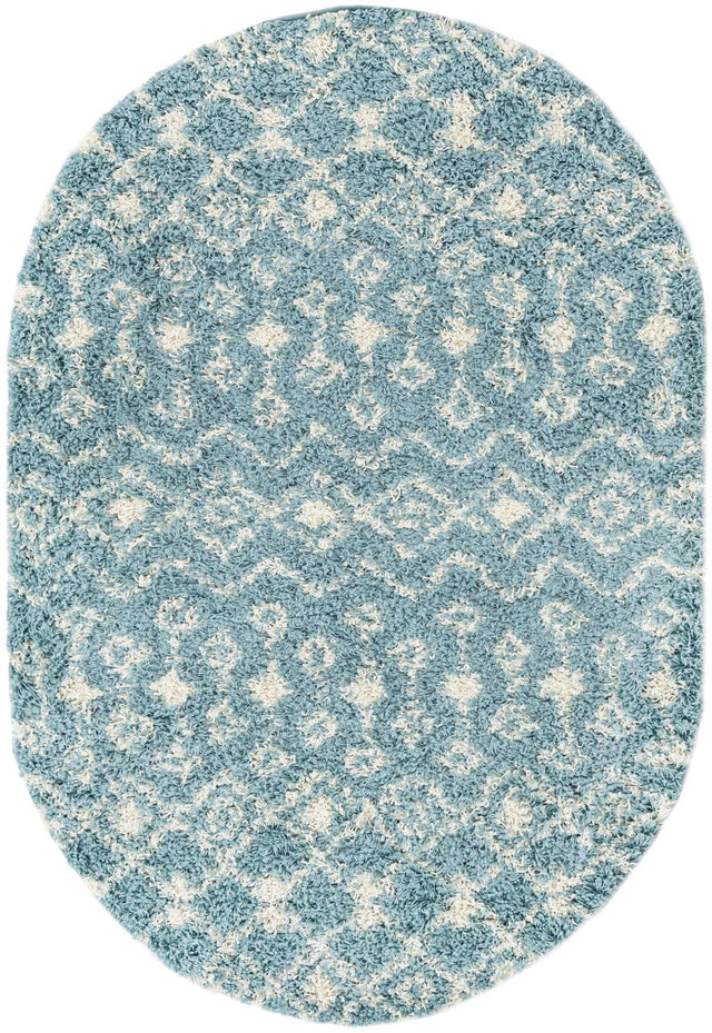 Light Blue 4' 1 x 6' 1 Moroccan Trellis Shag Oval Area Rug Thick Soft Touch Fluffy & Plush Shaggy Pile 100% Polypropylene Geometric Traditional Carpet for Sale at Rug Engine