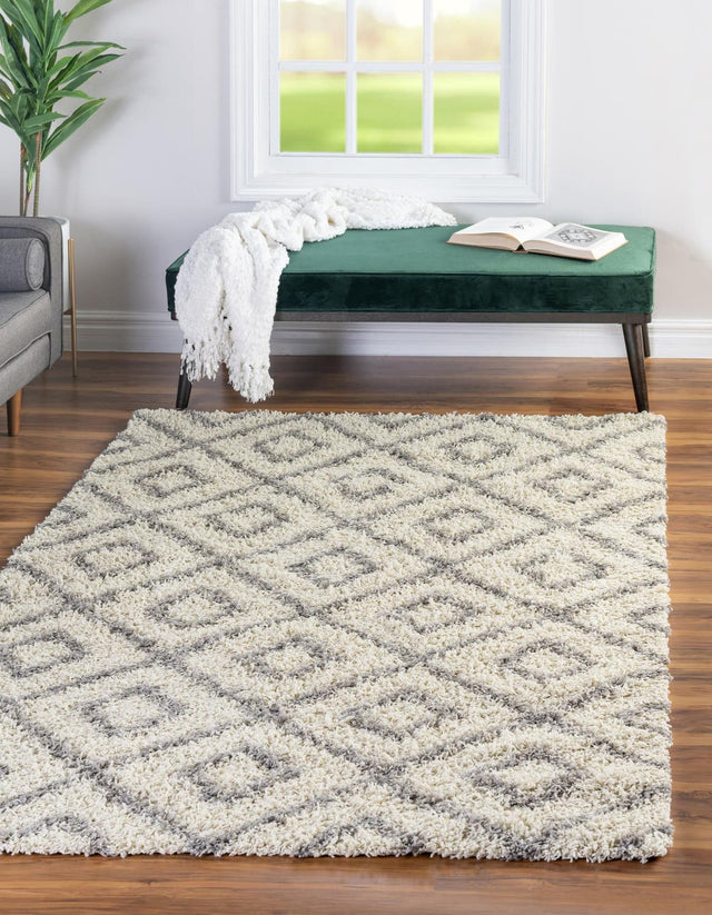 Ivory 2' x 3' Trellis Shag Rectangle Area Rug Thick Soft Touch Fluffy & Plush Shaggy Pile Geometric Modern Unique Carpet for Home Interior Design for Sale at Rug Engine