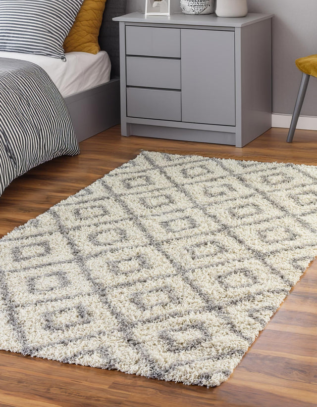 Ivory 10' 8 x 14' Trellis Shag Rectangle Area Rug Thick Soft Touch Fluffy & Plush Shaggy Pile Geometric Modern Unique Carpet for Home Interior Design for Sale at Rug Engine