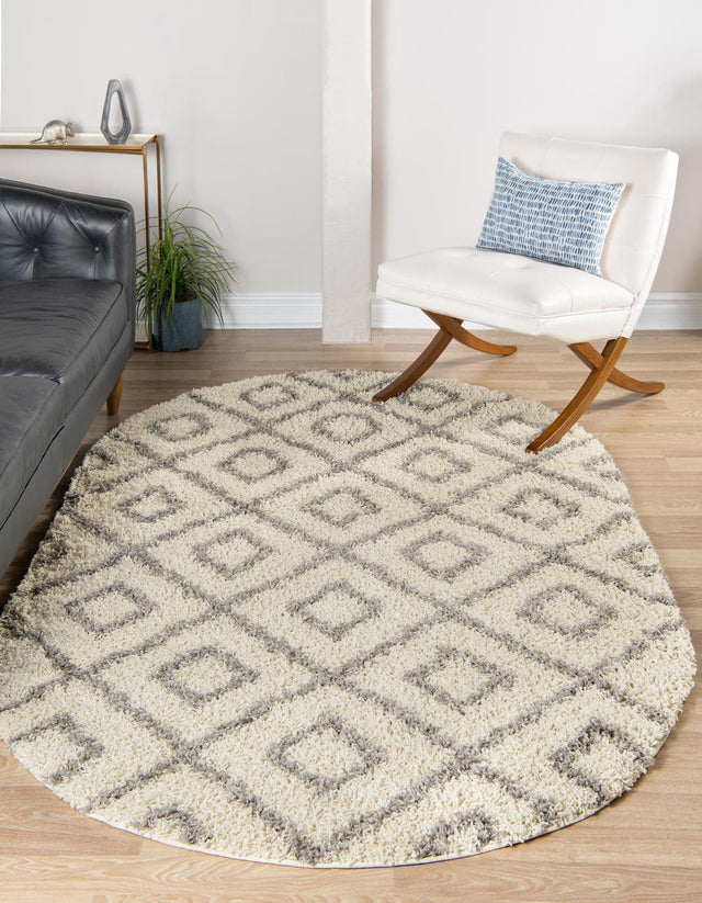Ivory 4' x 6' Trellis Shag Oval Area Rug Thick Soft Touch Fluffy & Plush Shaggy Pile Geometric Modern Unique Carpet for Home Interior Design for Sale at Rug Engine