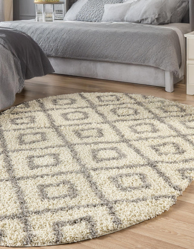 Ivory 5' 3 x 8' Trellis Shag Oval Area Rug Thick Soft Touch Fluffy & Plush Shaggy Pile Geometric Modern Unique Carpet for Home Interior Design for Sale at Rug Engine