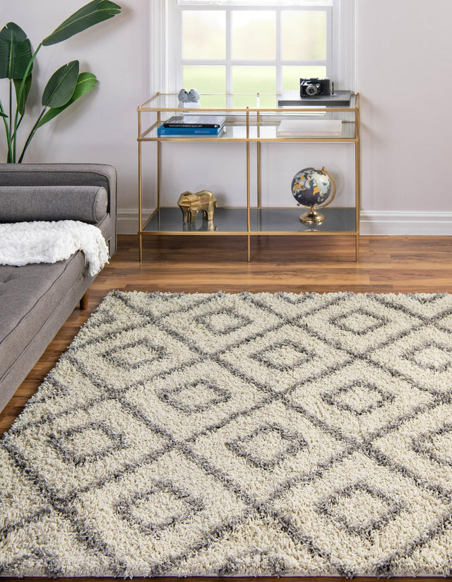 Ivory 10' x 10' Trellis Shag Square Area Rug Thick Soft Touch Fluffy & Plush Shaggy Pile Geometric Modern Unique Carpet for Home Interior Design for Sale at Rug Engine