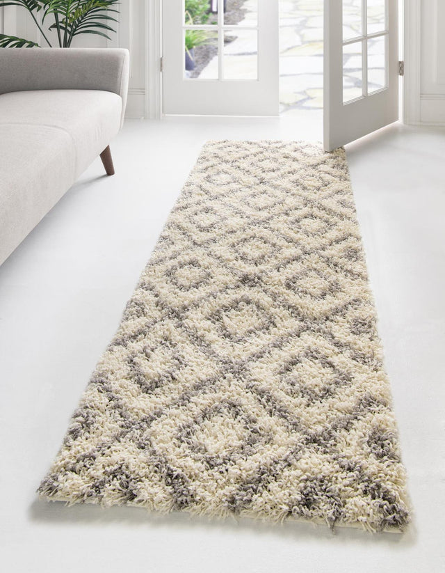 Ivory 2' x 6' Trellis Shag Runner Area Rug Thick Soft Touch Fluffy & Plush Shaggy Pile Geometric Modern Unique Carpet for Home Interior Design for Sale at Rug Engine