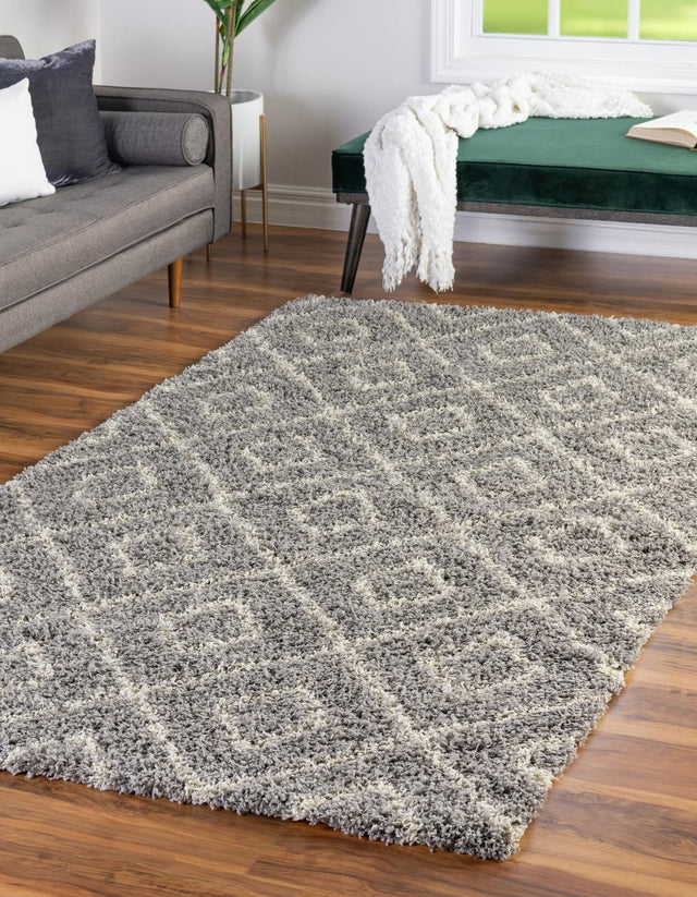 Gray 9' x 12' Trellis Shag Rectangle Area Rug Thick Soft Touch Fluffy & Plush Shaggy Pile Geometric Modern Unique Carpet for Home Interior Design for Sale at Rug Engine