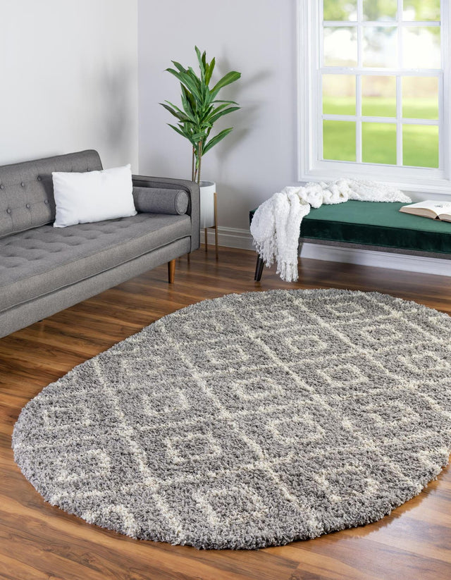 Gray 4' x 6' Trellis Shag Oval Area Rug Thick Soft Touch Fluffy & Plush Shaggy Pile Geometric Modern Unique Carpet for Home Interior Design for Sale at Rug Engine
