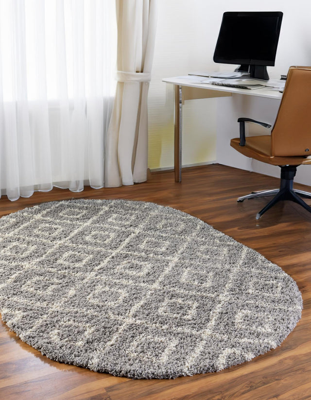 Gray 5' 3 x 8' Trellis Shag Oval Area Rug Thick Soft Touch Fluffy & Plush Shaggy Pile Geometric Modern Unique Carpet for Home Interior Design for Sale at Rug Engine