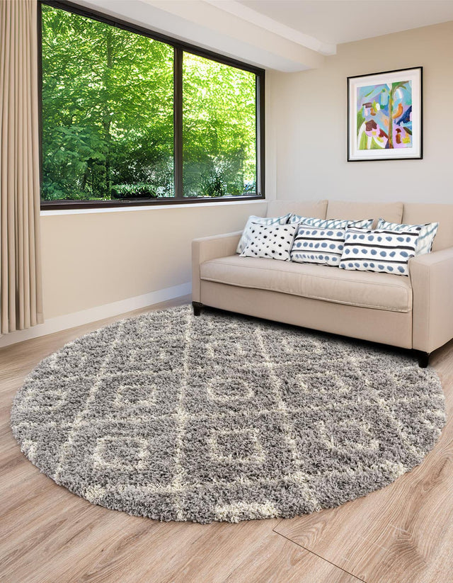 Gray 7' 10 x 7' 10 Trellis Shag Round Area Rug Thick Soft Touch Fluffy & Plush Shaggy Pile Geometric Modern Unique Carpet for Home Interior Design for Sale at Rug Engine