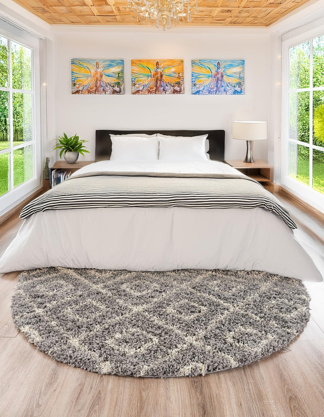 Gray 5' 3 x 5' 3 Trellis Shag Round Area Rug Thick Soft Touch Fluffy & Plush Shaggy Pile Geometric Modern Unique Carpet for Home Interior Design for Sale at Rug Engine