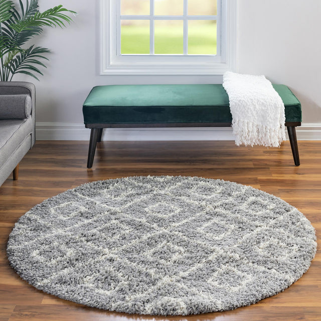 Gray 6' x 6' Trellis Shag Round Area Rug Thick Soft Touch Fluffy & Plush Shaggy Pile Geometric Modern Unique Carpet for Home Interior Design for Sale at Rug Engine