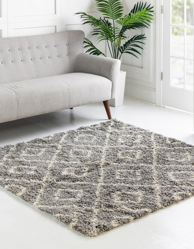 Gray 6' x 6' Trellis Shag Square Area Rug Thick Soft Touch Fluffy & Plush Shaggy Pile Geometric Modern Unique Carpet for Home Interior Design for Sale at Rug Engine