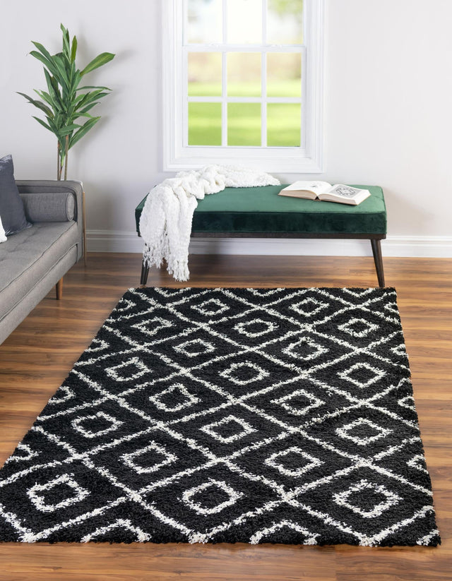 Black and White 8' x 10' Trellis Shag Rectangle Area Rug Thick Soft Touch Fluffy & Plush Shaggy Pile Geometric Modern Unique Carpet for Home Interior Design for Sale at Rug Engine
