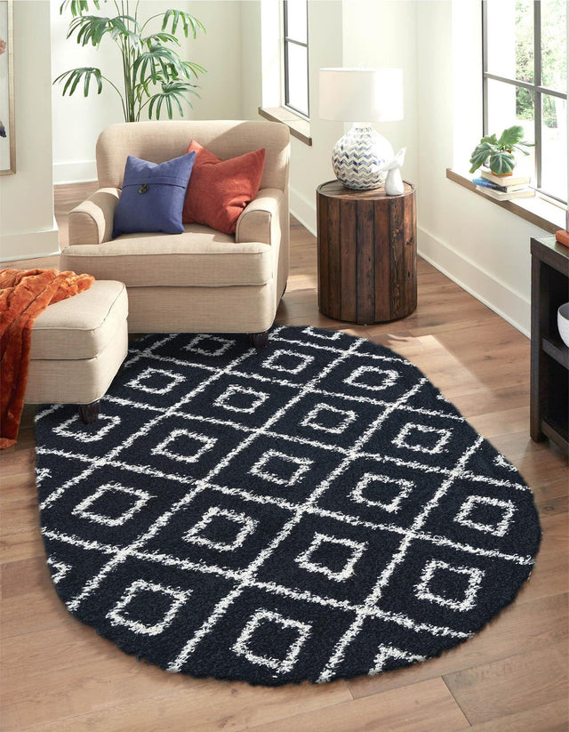 Black and White 5' 3 x 8' Trellis Shag Oval Area Rug Thick Soft Touch Fluffy & Plush Shaggy Pile Geometric Modern Unique Carpet for Home Interior Design for Sale at Rug Engine