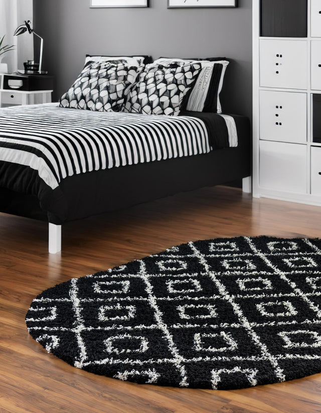 Black and White 7' 10 x 10' Trellis Shag Oval Area Rug Thick Soft Touch Fluffy & Plush Shaggy Pile Geometric Modern Unique Carpet for Home Interior Design for Sale at Rug Engine