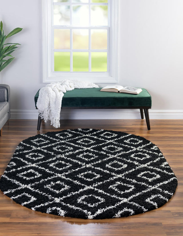 Black and White 4' x 6' Trellis Shag Oval Area Rug Thick Soft Touch Fluffy & Plush Shaggy Pile Geometric Modern Unique Carpet for Home Interior Design for Sale at Rug Engine
