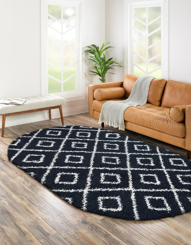Black and White 5' 3 x 8' Trellis Shag Oval Area Rug Thick Soft Touch Fluffy & Plush Shaggy Pile Geometric Modern Unique Carpet for Home Interior Design for Sale at Rug Engine