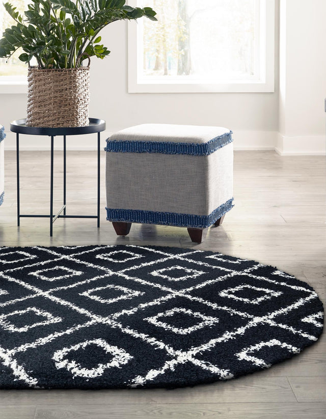 Black and White 4' x 6' Trellis Shag Oval Area Rug Thick Soft Touch Fluffy & Plush Shaggy Pile Geometric Modern Unique Carpet for Home Interior Design for Sale at Rug Engine