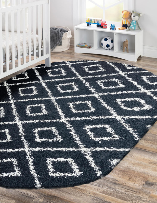 Black and White 4' x 6' Trellis Shag Oval Area Rug Thick Soft Touch Fluffy & Plush Shaggy Pile Geometric Modern Unique Carpet for Home Interior Design for Sale at Rug Engine