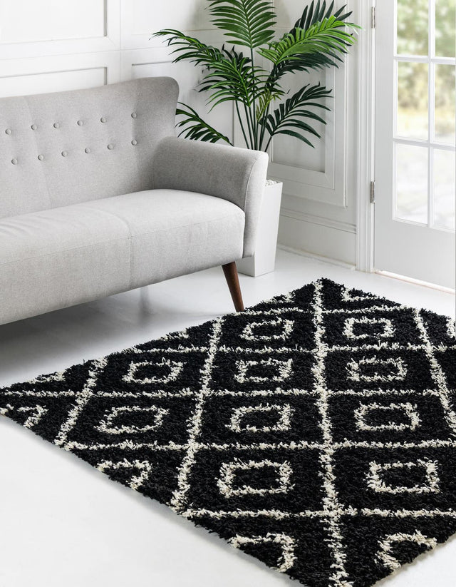 Black and White 7' 10 x 7' 10 Trellis Shag Square Area Rug Thick Soft Touch Fluffy & Plush Shaggy Pile Geometric Modern Unique Carpet for Home Interior Design for Sale at Rug Engine