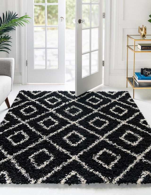 Black and White 6' x 6' Trellis Shag Square Area Rug Thick Soft Touch Fluffy & Plush Shaggy Pile Geometric Modern Unique Carpet for Home Interior Design for Sale at Rug Engine