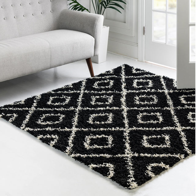 Black and White 4' x 4' Trellis Shag Square Area Rug Thick Soft Touch Fluffy & Plush Shaggy Pile Geometric Modern Unique Carpet for Home Interior Design for Sale at Rug Engine