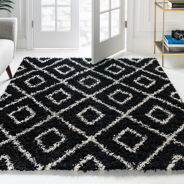 Black and White 4' x 4' Trellis Shag Square Area Rug Thick Soft Touch Fluffy & Plush Shaggy Pile Geometric Modern Unique Carpet for Home Interior Design for Sale at Rug Engine