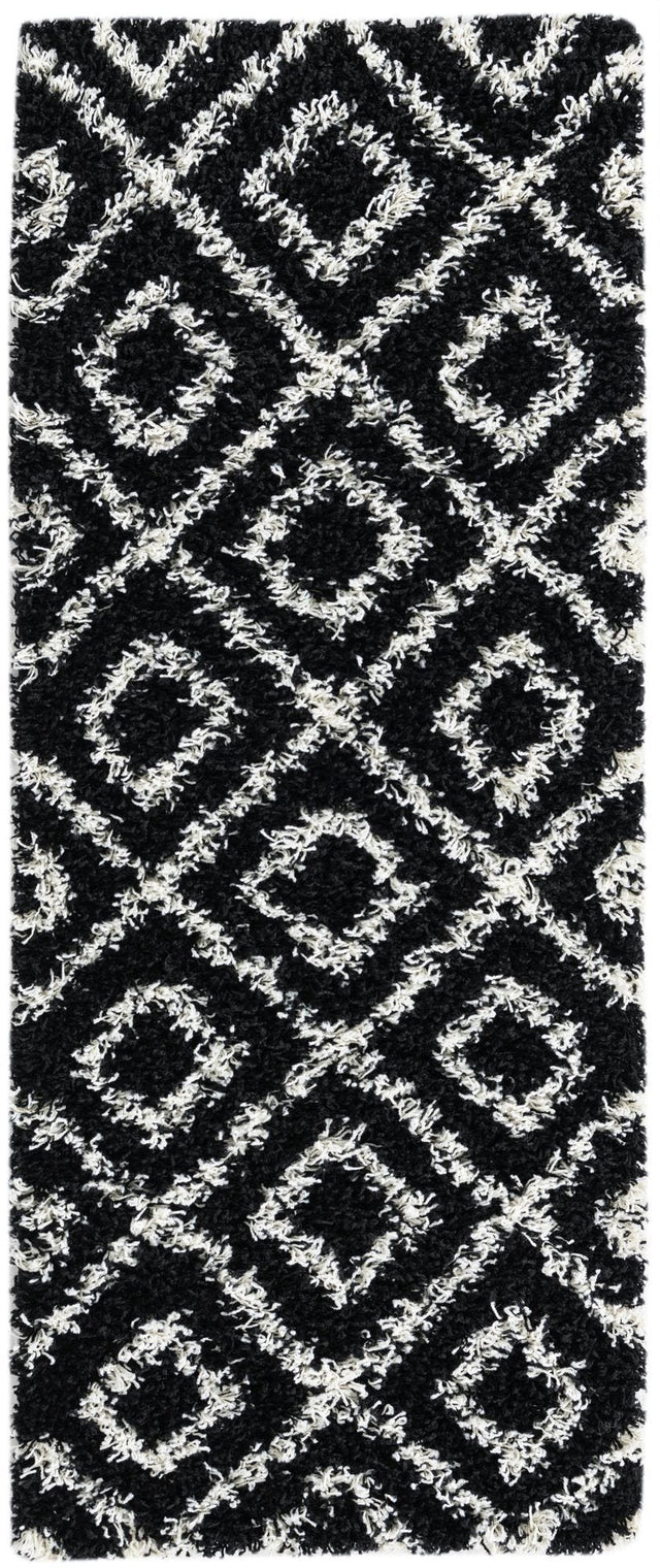 Black and White 2' x 5' Trellis Shag Runner Area Rug Thick Soft Touch Fluffy & Plush Shaggy Pile Geometric Modern Unique Carpet for Home Interior Design for Sale at Rug Engine