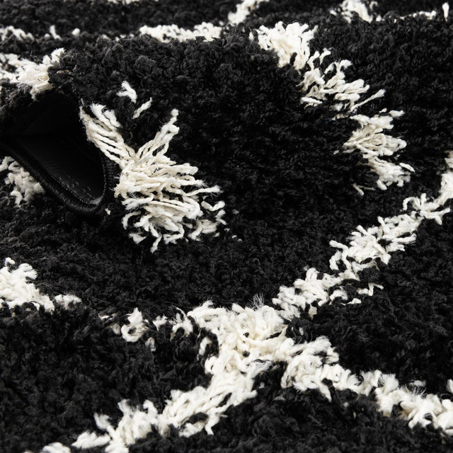 Black and White 2' x 6' Trellis Shag Runner Area Rug Thick Soft Touch Fluffy & Plush Shaggy Pile Geometric Modern Unique Carpet for Home Interior Design for Sale at Rug Engine