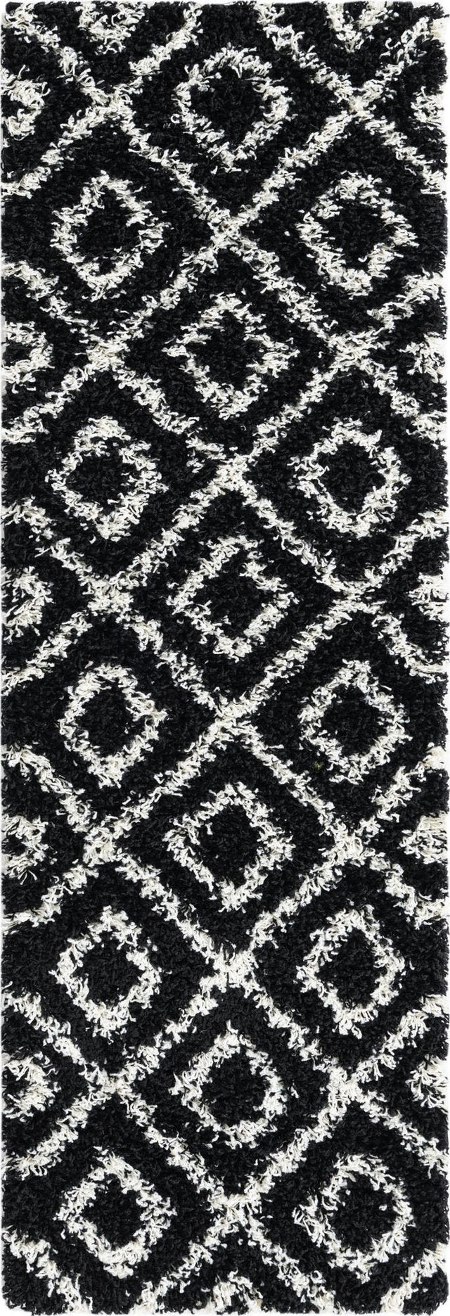 Black and White 2' x 6' Trellis Shag Runner Area Rug Thick Soft Touch Fluffy & Plush Shaggy Pile Geometric Modern Unique Carpet for Home Interior Design for Sale at Rug Engine