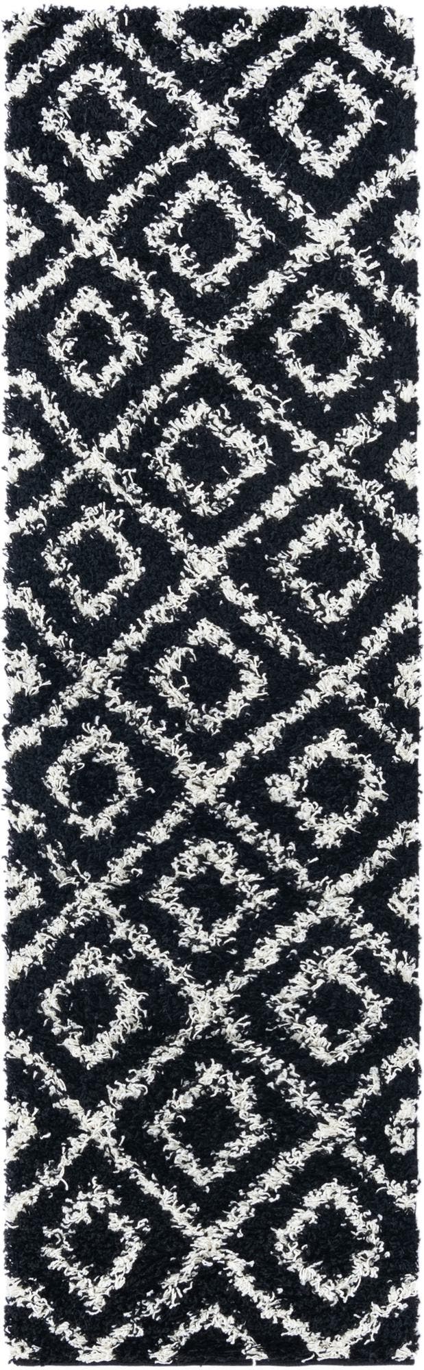Black and White 2' x 7' Trellis Shag Runner Area Rug Thick Soft Touch Fluffy & Plush Shaggy Pile Geometric Modern Unique Carpet for Home Interior Design for Sale at Rug Engine