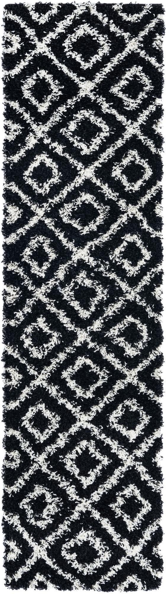 Black and White 2' x 8' Trellis Shag Runner Area Rug Thick Soft Touch Fluffy & Plush Shaggy Pile Geometric Modern Unique Carpet for Home Interior Design for Sale at Rug Engine