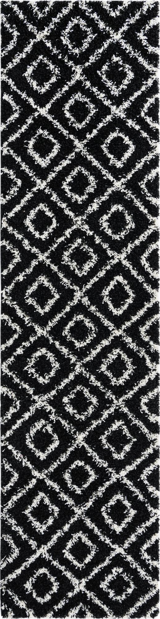 Black and White 2' 7 x 10' Trellis Shag Runner Area Rug Thick Soft Touch Fluffy & Plush Shaggy Pile Geometric Modern Unique Carpet for Home Interior Design for Sale at Rug Engine