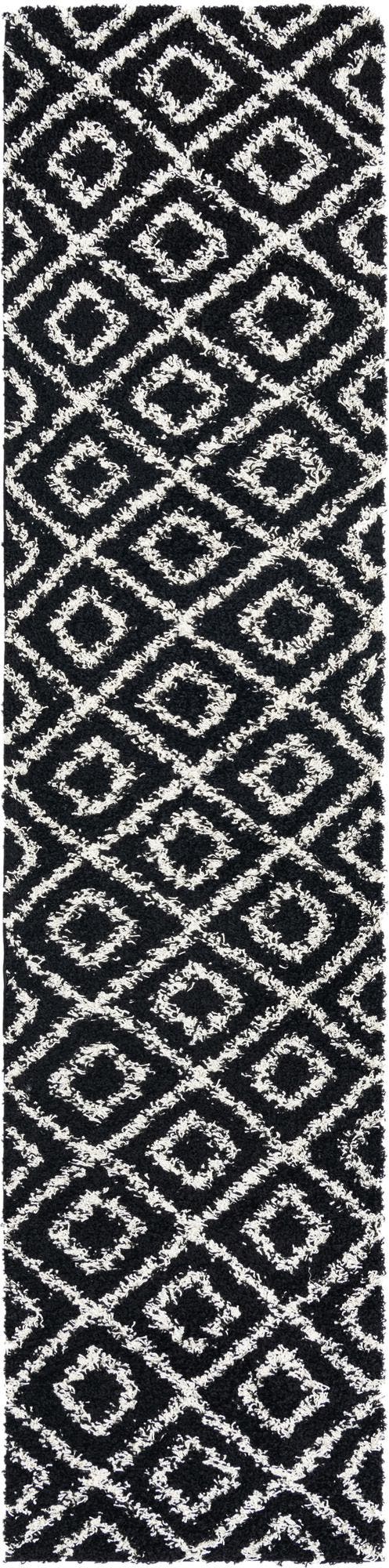 Black and White 2' 7 x 12' Trellis Shag Runner Area Rug Thick Soft Touch Fluffy & Plush Shaggy Pile Geometric Modern Unique Carpet for Home Interior Design for Sale at Rug Engine