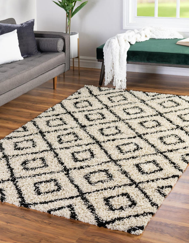 White and Black 10' 8 x 14' Trellis Shag Rectangle Area Rug Thick Soft Touch Fluffy & Plush Shaggy Pile Geometric Modern Unique Carpet for Home Interior Design for Sale at Rug Engine